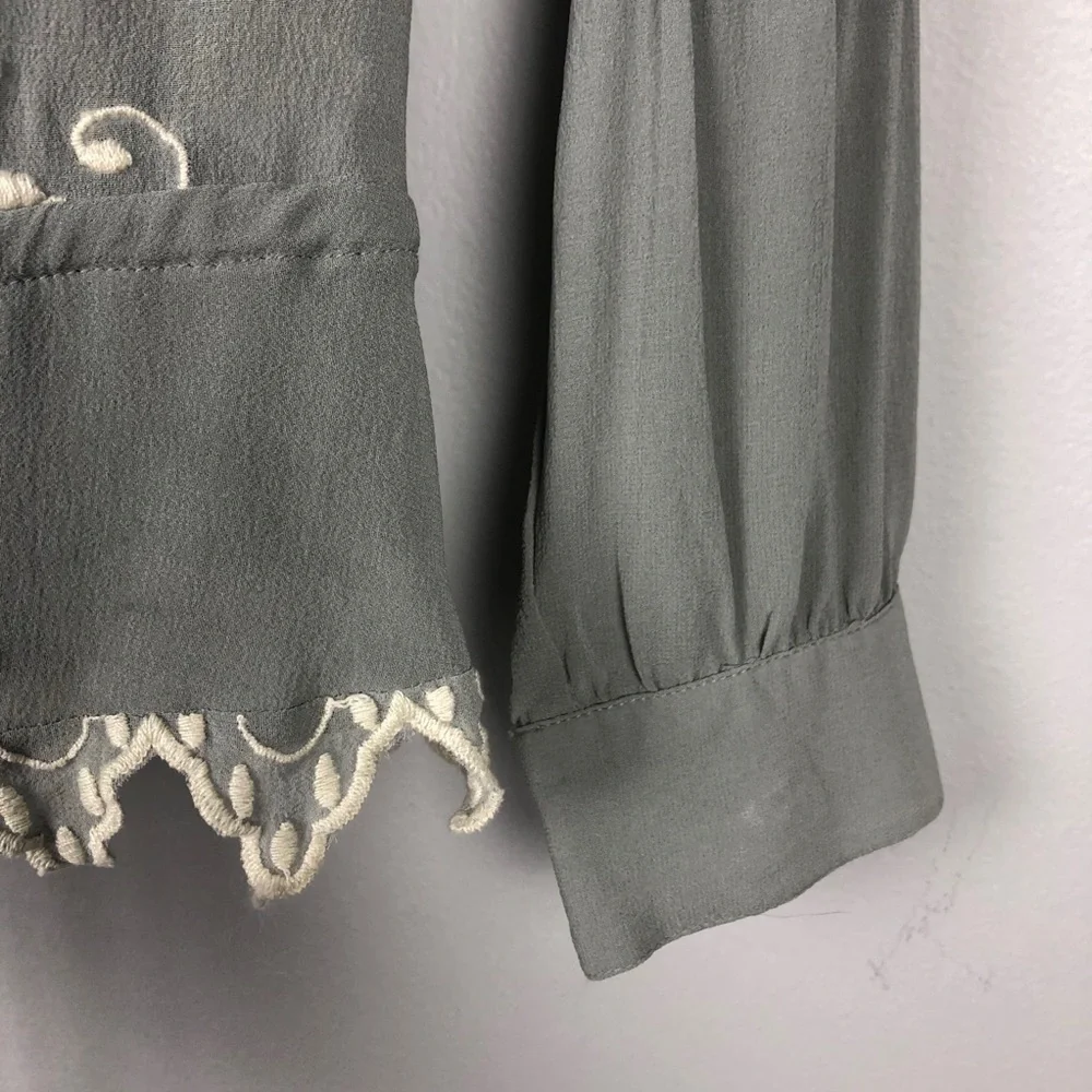 LoveShackFancy Embroidered Silk Georgette Long Sleeve Prairie Top Green Casual - Picture 7 of 11